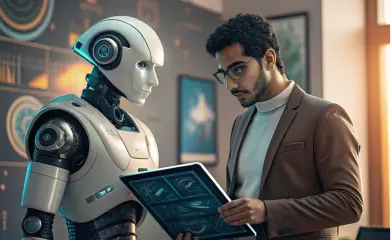 Robot interactuando y conversando con una persona en entorno tecnológico.