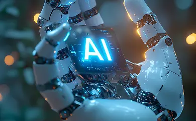 Robot futurista con luces LED en un entorno tecnológico avanzado.