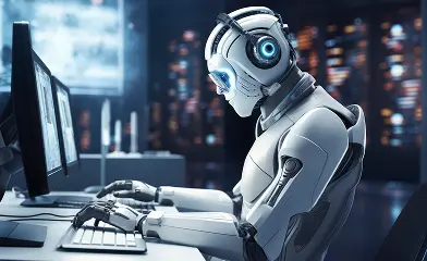 Robot futurista en pose analítica, representando inteligencia artificial aplicada.