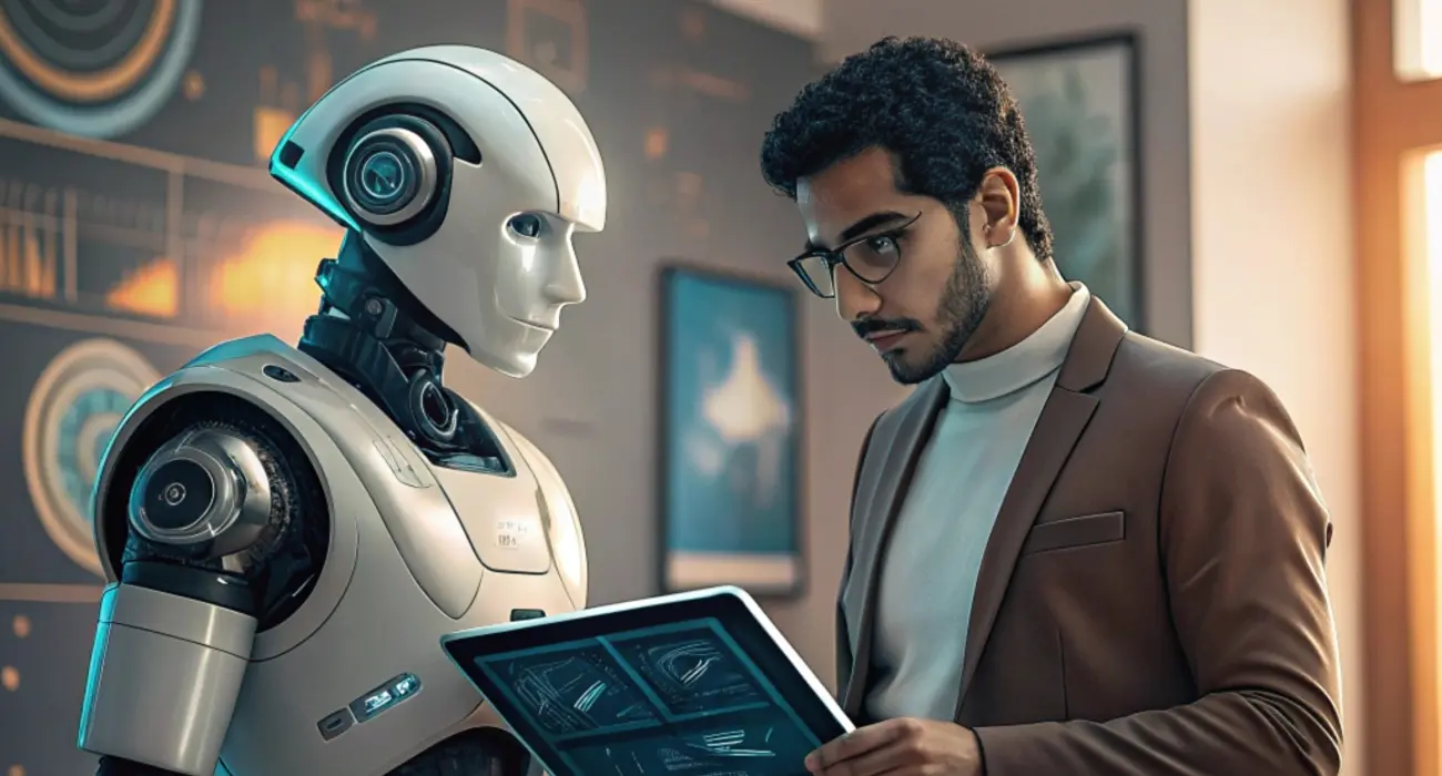 Robot interactuando y conversando con una persona en entorno tecnológico.