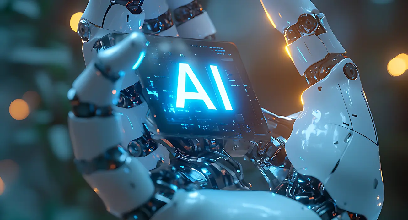 Robot futurista con luces LED en un entorno tecnológico avanzado.