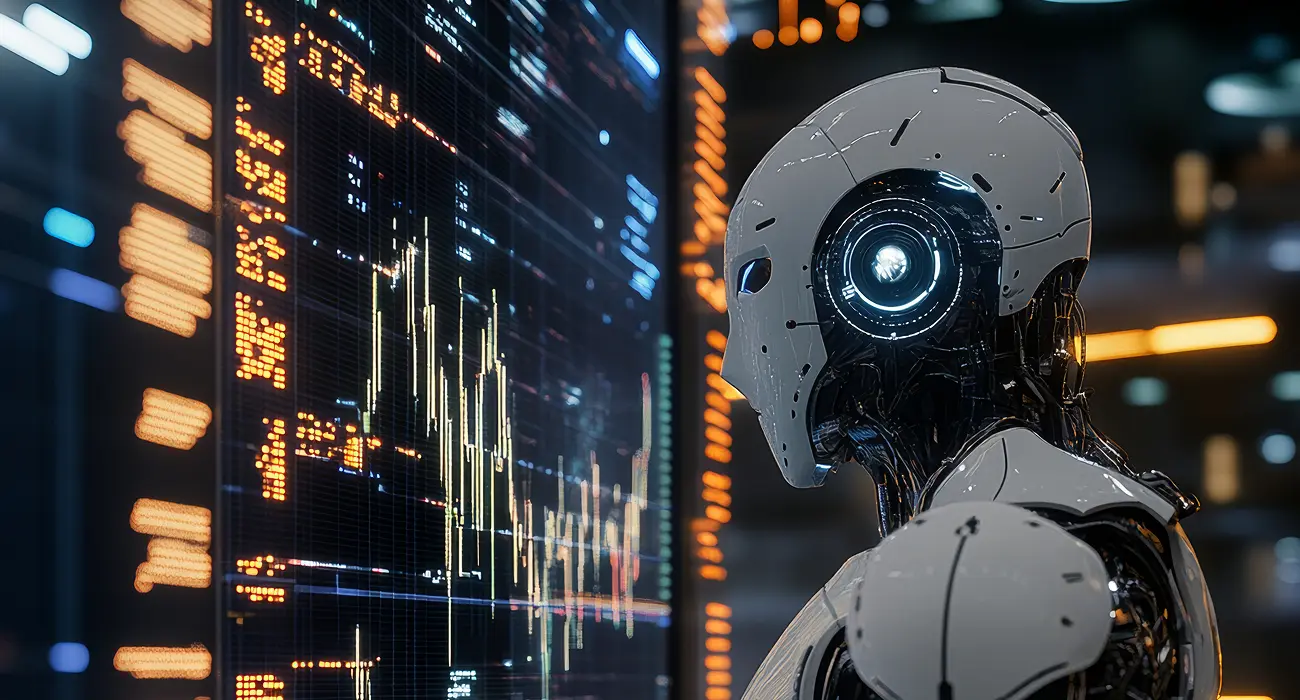 Robot futurista con luces azules y fondo tecnológico.